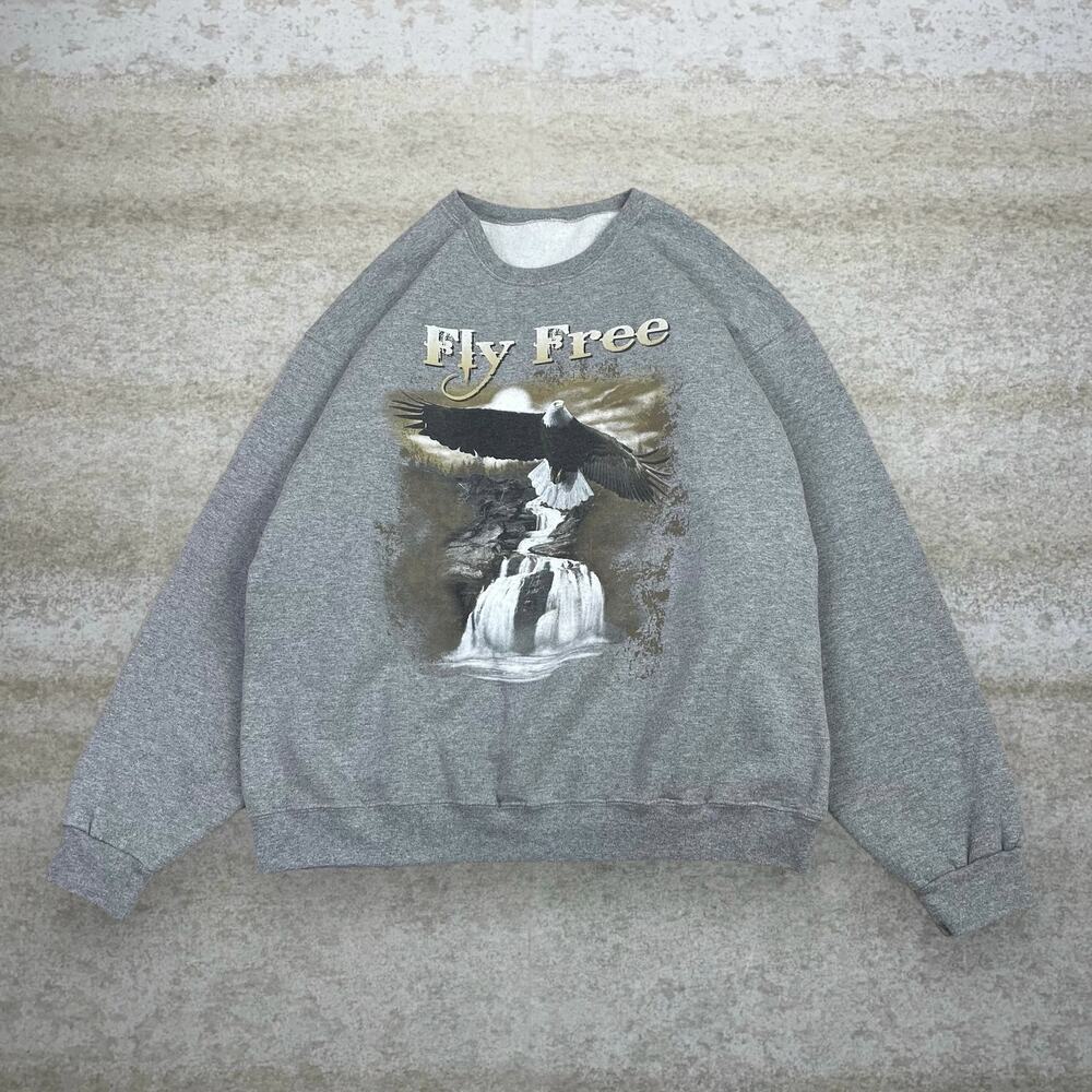 Vintage Y2K Nature Sweatshirt Mens XL Grey American Bald Eagle Cotton Crewneck